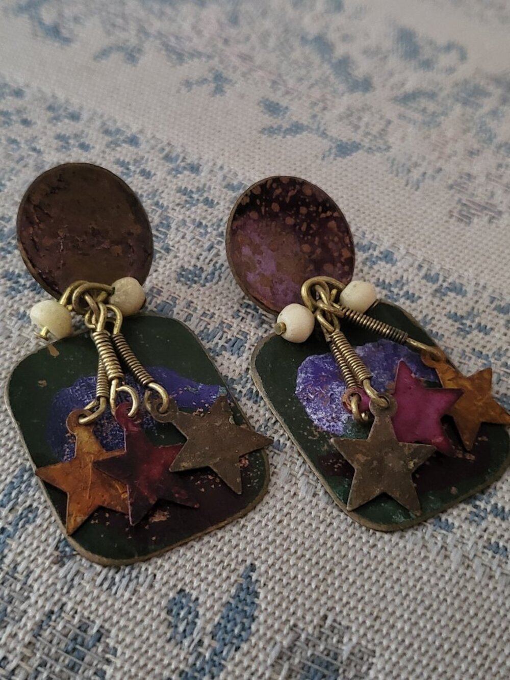 VTG 1980s Celestial Patina Star Dangle Earrings Made in India Brass OOAK